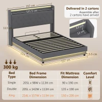 HOMCOM 5ft King Bed Frame with Headboard, Platform Bed Frame with Hydraulic Storage, LED Lights and Charging Station, Grey(m-3)