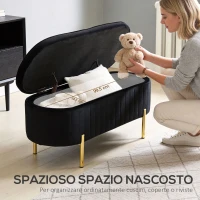 HOMCOM Panca Contenitore Ingresso Ovale 72L con Coperchio Sollevabile, Seduta Imbottita, in Velluto, Nero(m-6)