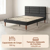 HOMCOM Cama Estofada 140x200 cm com Cabeceira Almofadada, Estrado de Ripas e Espaço Livre Inferior, Cinzento(m-3)