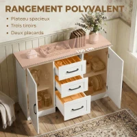 HOMCOM Buffet salon, meuble de rangement avec 2 portes à fermeture douce et 3 tiroirs, 110x35x80,4cm, blanc et bois naturel(m-4)