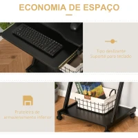 HOMCOM Secretária para Computador com Rodas 60x48 cm com Prateleira Deslizante para Teclado e Prateleira Inferior Estrutura Metálica Preto(m-5)