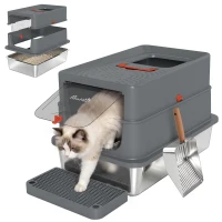 PawHut Stainless Steel Cat Litter Tray with Lid, XL 90L Enclosed Cat Litter Box with Step, Scoop, High Side, Dark Grey(m-13)