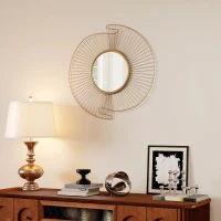 HOMCOM Decorațiune de Perete Oglindă Rotundă, Oglindă Modernă cu Benzi din Metal și Design Plisat, Artă Decorativă pentru Living, Dormitor și Intrare, 60x60 cm, Auriu(m-9)