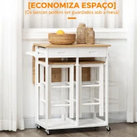 HOMCOM Conjunto de Mesa Alta de Bar e 2 Bancos com Rodas Mesa Dobrável de Cozinha com Bancos 86x75,5x83,5 cm Natural(m-7)