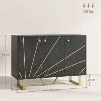 HOMCOM Sideboard Storage Cabinet, Modern Storage Cupboard with Adjustable Shelves and Metal Legs for Living Room, Kitchen, Dining Room, Entryway, Black Marble Tone(m-3)