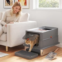 PawHut Stainless Steel Cat Litter Tray with Lid, XL 90L Enclosed Cat Litter Box with Step, Scoop, High Side, Dark Grey(m-2)