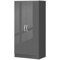 HOMCOM High Gloss Wardrobe, 2 Door Wardrobe with Hanging Rod and Storage Shelf, Clothes Storage Organizer with Anti-tipping Design for Bedroom, Grey(m-10)