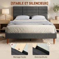 HOMCOM Cadre de Lit 140 x 200 cm avec Sommier Bois, Lit Double Rembourré en Effet Lin, Rangement au-dessous, Sans Bruit, Gris(m-5)