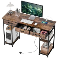 HOMCOM 120cm Computer Desk with Power Outlets, Office Desk Study Table with Fabric Drawers and Storage Shelves, Rustic Brown(m-11)