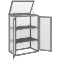 Outsunny 3-tier Cold Frame with Openable Top Cover and Double Doors, Garden Wooden Greenhouse with Storage Shelf, Polycarbonate Grow House for Plants, Flowers, Dark Grey(m-10)