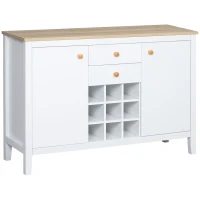 HOMCOM Aparador de Cozinha com 2 Gavetas 2 Armários com Prateleiras Ajustáveis e Suporte para 9 Garrafas 110x35x75 cm Branco e Madeira(m-1)