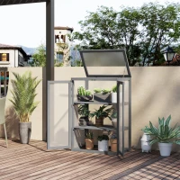Outsunny 3-tier Cold Frame with Openable Top Cover and Double Doors, Garden Wooden Greenhouse with Storage Shelf, Polycarbonate Grow House for Plants, Flowers, Dark Grey(m-2)