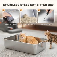 PawHut Stainless Steel Cat Litter Tray with Lid, XL 90L Enclosed Cat Litter Box with Step, Scoop, High Side, Dark Grey(m-4)