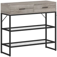 HOMCOM Consolă de Intrare cu 2 Sertare, 2 Rafturi din Plasă și Cârlig Lateral, Consolă în Lemn și Metal, Măsuță de Intrare pentru Dormitor, 100x35x92 cm, Gri Deschis(m-1)