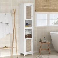 HOMCOM Coluna Casa de Banho com Prateleira Ajustável 2 Portas em Vime e 2 Compartimentos Estilo Boho 40x30x167,5 cm Branco(m-10)