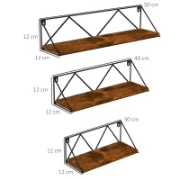 HOMCOM Conjunto de 3 Prateleiras de Parede Industrial Prateleiras Suspensas 30x12x12 cm 40x12x12 e cm 50x12x12 cm Madeira e Preto(m-3)