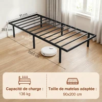 HOMCOM Cadre de lit 90 x 200 cm avec sommier en métal, lit simple avec rangement au-dessous, sans bruit, montage facile, noir(m-3)