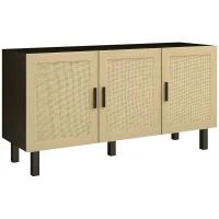 HOMCOM Meuble de rangement avec placards à portes effet cannage, étagères réglables, 136 x 41 x 70 cm, noir et bois naturel(m-11)