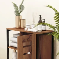 kleankin Móvel Auxiliar Casa de Banho com Porta de Ripas 3 Compartimentos Abertos Prateleira Ajustável 60x30x85 cm Castanho Rústico(m-9)