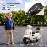 AIYAPLAY Mota Elétrica Infantil Mini Vespa GTS com 2 Rodas Auxiliares, Bateria de Lítio, Farol, Buzina e Encosto, Branco(m-3)