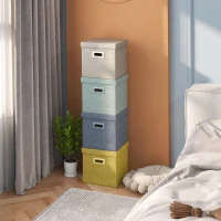 HOMCOM Set 4 cutii pentru dulapuri din material textil cu capac și pliabile 30x30x29cm, albastru, crem, verde și gri deschis(m-7)