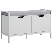 HOMCOM Bancă pentru pantofi cu 2 dulapuri și pernă, din material textil cu efect de in, lemn și oțel, 84x35x50 cm, alb(m-11)