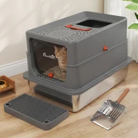 PawHut Stainless Steel Cat Litter Tray with Lid, XL 90L Enclosed Cat Litter Box with Step, Scoop, High Side, Dark Grey(m-3)