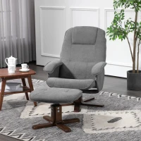 HOMCOM Linen Swivel Recliner Chair with Footstool, Upholstered Reclining Armchair with Wooden Base for Living Room, Grey(m-13)
