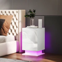 HOMCOM Mesa de Cabeceira com Faixa de Luz LED Multicolor Mesa Auxiliar com 3 Gavetas Estilo Moderno 40x35x60 cm Branco Brilhante(m-7)