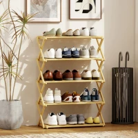 HOMCOM Five-Tier Folding Bamboo Shoe Rack - Natural Finish(m-2)
