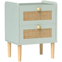 HOMCOM Table de chevet, table de nuit avec 2 tiroirs en effet rotin naturel et cadre en bois, 39,8 x 30 x 52,5 cm, vert olive(m-1)