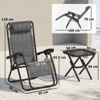 Outsunny 3pcs Folding Zero Gravity Chairs Sun Lounger Table Set w/ Cup Holders Reclining Garden Yard Pool, Light Grey(m-14)