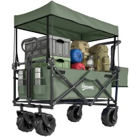 Outsunny Folding Trolley Cart Storage Wagon Beach Trailer 4 Wheels with Handle Overhead Canopy Cart Push Pull for Camping, Green(m-13)