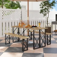 Outsunny Ensemble table et bancs en bois table de pique-nique en bois avec banc pour 6 à 8, 160 cm trou de parasol de 5 cm marron(m-10)
