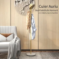 HOMCOM Cuier de Podea Autoportant cu 8 Cârlige, Bază din Marmură și Oțel, Ø32x164cm, Aur(m-6)