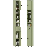 kleankin Badezimmerschrank schmal mit Schublade und 4 offenen Fächern für kleine Räume 20 x 20 x 180 cm Grün(m-12)