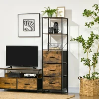 HOMCOM Industrial Storage Cabinet with 2 Open Shelves and 3 Foldable Fabric Drawers, Multifunctional Bookshelf in Living Room, Study, Bedroom, Rustic Brown(m-2)