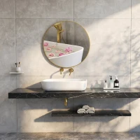 HOMCOM Oglindă rotundă pentru baie cu suprafață rezistentă la șocuri, din sticlă și oțel, Ø70x2,5 cm, culoare aurie(m-8)
