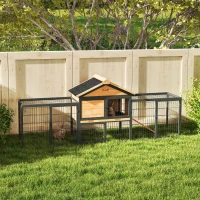 PawHut Wooden Rabbit Hutch Outdoor with Steel Run, Wooden Guinea Pig Cage with Removable Plastic Tray, Asphalt Roof, Ramp(m-2)