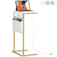 HOMCOM Măsuță de Cafea în Formă de C cu Efect de Marmură, cu Prize și Porturi USB Integrate, Alb(m-11)