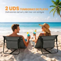 Outsunny Conjunto de 2 Esterillas de Playa Plegable con Respaldo Reclinable y Correa de Transporte 142x51x40 cm Gris(m-4)