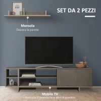 HOMCOM Set Mobile Porta TV con Armadietto e Mensola da Appendere in Legno, 160x35.6x44cm - Grigio(m-4)