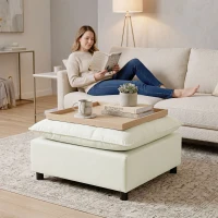 HOMCOM Fußhocker moderner Stoff-Ottomane mit Kunststoffbeinen für Wohnzimmer und Schlafzimmer, 75 cm, Cremeweiß(m-8)