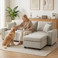 HOMCOM Divano Angolare 3 Posti in Tessuto Effetto Lino con Contenitore Poggiapiedi Rimovibile, 2 Cuscini, Beige(m-7)