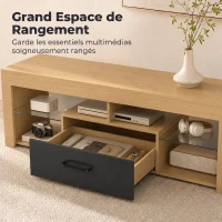 HOMCOM Meuble TV 140 cm, Meuble Télé pour 65 Pouces avec Étagères en Verre Réglables, Tiroir et Compartiments Ouverts, Chêne(m-5)
