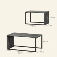 HOMCOM Lot de 2 tables basses gigognes design industriel encastrable en métal noir et effet marbre gris foncé(m-3)