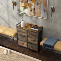 HOMCOM Commode, meuble de rangement pour chambre 6 tiroirs tissu non tissé cadre en acier, 79 x 29 x 85 cm, effet bois d'acajou(m-10)