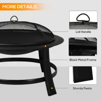 Outsunny Metal Large Firepit Bowl Outdoor Round Fire Pit w/ Lid, Log Grate, Poker for Backyard, Camping, BBQ, Bonfire, Wood Burning Stove, 76 x 76 x 53cm, Black(m-6)