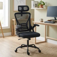 HOMCOM Scaun de Birou Ergonomic cu Brațe Rabatabile, Tetieră și Înălțime Reglabile, din Plasă Respirabilă, Negru(m-5)