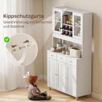 HOMCOM 180 cm Küchenschrank, 2 Glastüren, 3 Schubladen, 4 verstellbare Regale, Esszimmerschrank, Spanplatte, Weiß(m-6)
